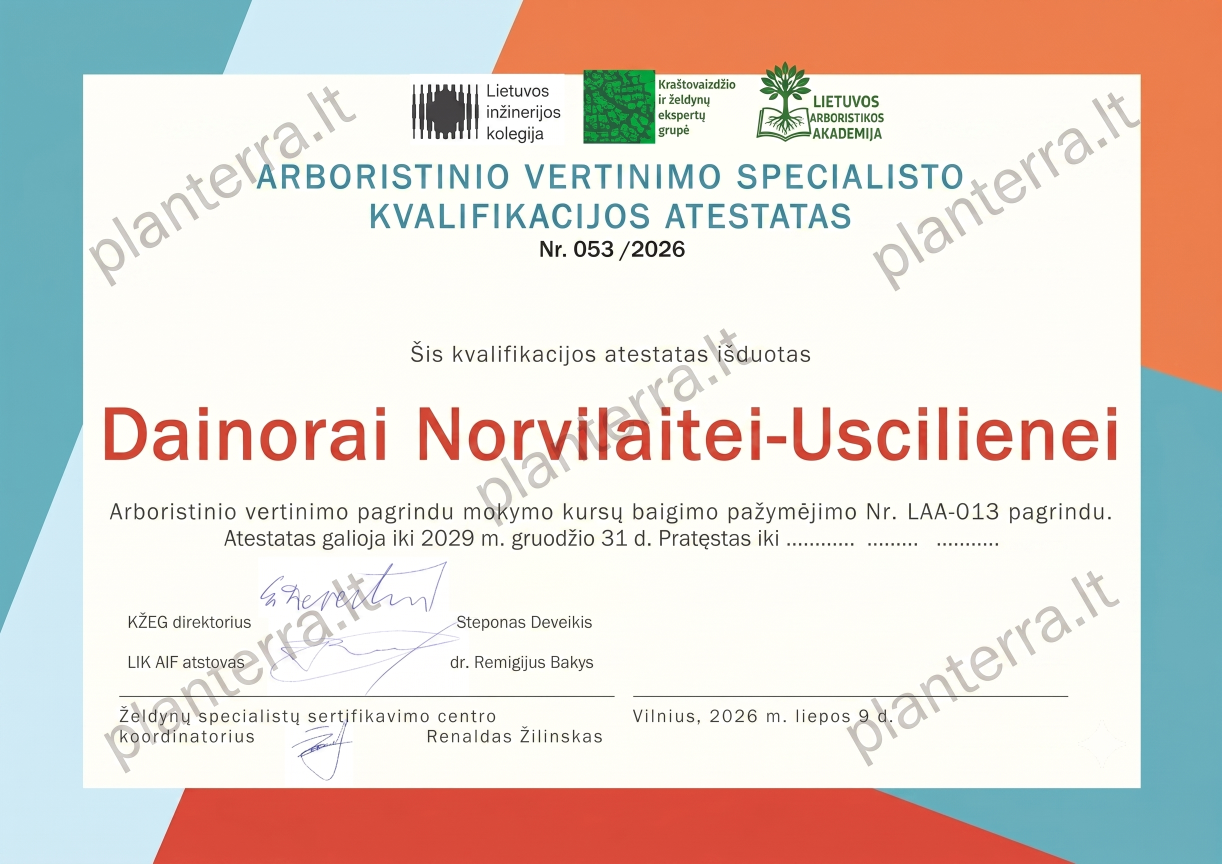 Arboristinio vertinimo specialisto kvalifikacijos atestatas Nr. 053/2026 — Dainora Norvilaitė-Uscilienė